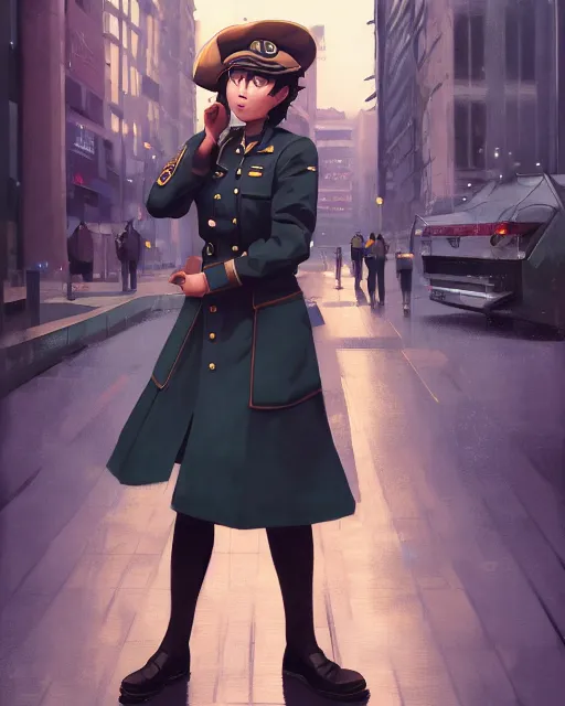 Prompt: young woman with shoulder length light brown hair and hazel eyes dressed in a sharp dark teal military uniform and beret, smiling, blurred city background in twilight lighting, ilya kuvshinov, anime, greg rutkowski, guweiz, ross tran, svetlana tigai, artgerm, concept art, digital painting, painterly