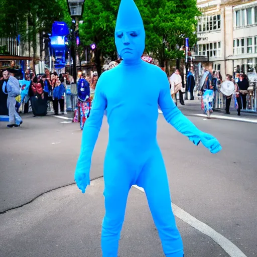 Prompt: surrealist conehead blue man group street performers photography