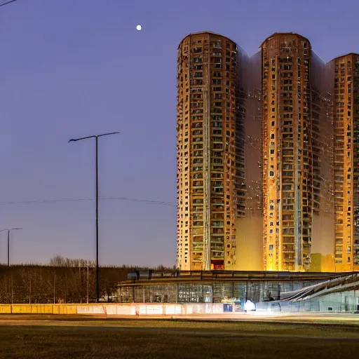 Image similar to a wide shot of a soviet beautiful brutalist monumental multi - building industrial complex, tall buildings with spaceship parking lots on top, with many rounded elements sprouting from the base tower creating a feel of an organic structure, photography shot at blue hour