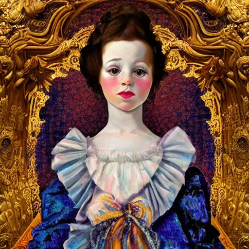 Image similar to 🌌 hyperdetailed maximalist elaborate half - lenght portrait of a futuristic a beautiful child, wearing long clothing. rococo architecture, in the style of modigliani and mixed media collage. matte background hd 8 x