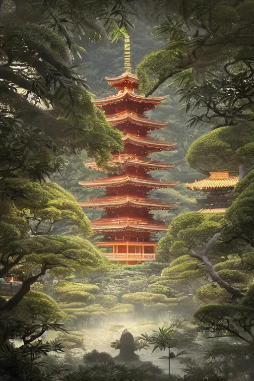 Prompt: Japanese Buddhist temple in the middle of a forest of bonsai and bamboo, powerfull, intricate, elegant, volumetric lighting, digital painting, highly detailed, artstation, sharp focus, illustration, concept art, ruan jia, steve mccurry