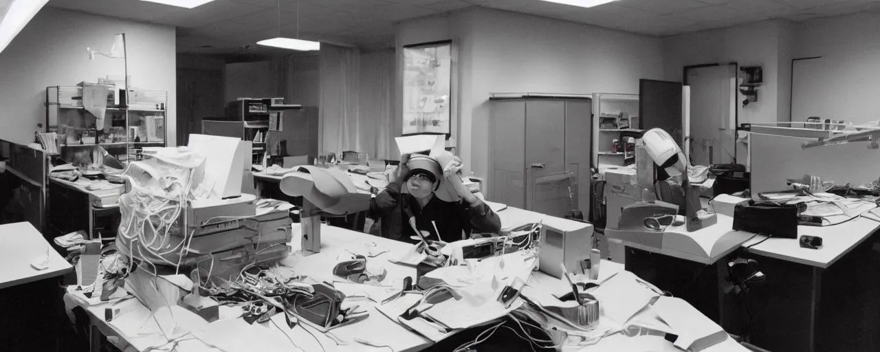 Image similar to security cam footage of someone with their head on spaghetti at their desk, at work, kodachrome, in the style of wes anderson, retro!! no repeats!!