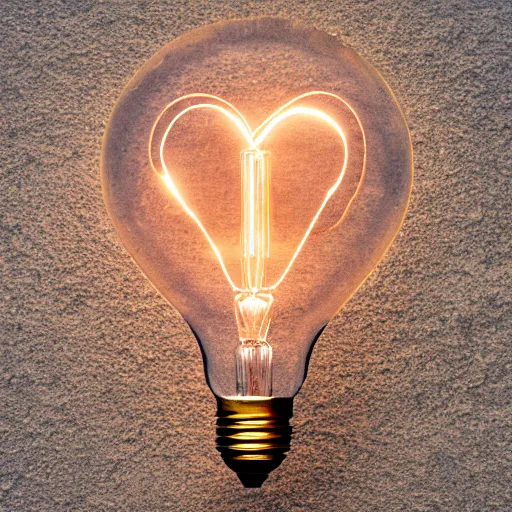 Prompt: an edison bulb glowing with a heart-shaped filament, minimalist, ephemeral, detailed, elegant, stock photo, Sony a7R, trending on artstation