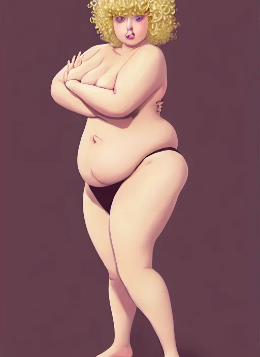 Image similar to full body portrait, teenage betty cooper, blonde hair, obese, bangs, ponytail, sultry, realistic, sultry smirk, fluffy bangs, curly bangs, fat, belly, beautiful girl, intricate, elegant, highly detailed, digital painting, artstation, concept art, smooth, sharp focus, illustration, art by wlop, mars ravelo and greg rutkowski