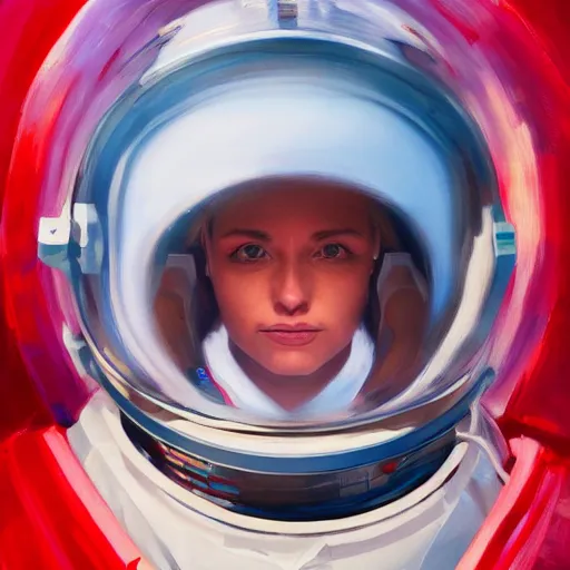 Prompt: a portrait of an intensely lit female astronaut in space, red, oil painting, pale colors, high detail, 8 k, wide angle, trending on artstation,