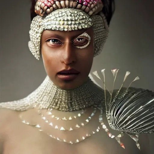 Image similar to medium shot of a brown - skinned woman wearing an armor made of shimmering and colorful mother of pearl shells. coherent face. soft. fragile. by ray caesar. by louise dahl - wolfe. by anna claren. surreal photography