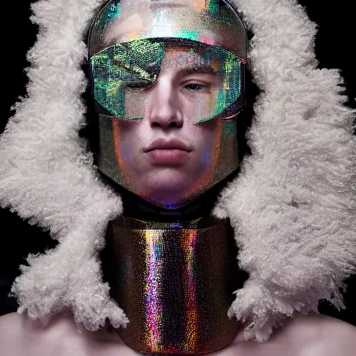 Prompt: a portrait of a beautiful young male wearing an alexander mcqueen armor made of hologram , photographed by andrew thomas huang, artistic