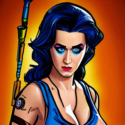 Image similar to katy perry portrait, borderlands, tales from the borderlands, the wolf among us, comic, cinematic lighting, studio quality, 8 k