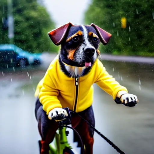 Prompt: a dog with a yellow hat riding a bike while raining