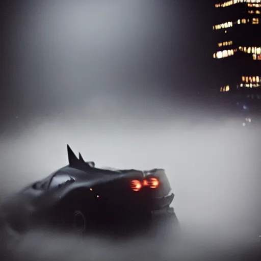 Prompt: michael bay, batman, jerry bruckheimer, batmobile, moody, foggy, rainy, suit, cape, fuji film, kodak, alleyway, batmobile, dark knight, the bat, redshift