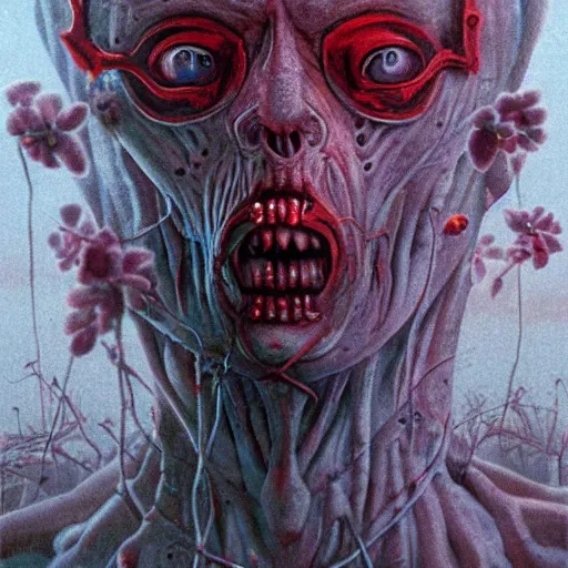 Image similar to a dystopian 3 5 mm 1 9 8 0 s full body portrait of a p - zombie!!! natural lighting art dawn. highly detailed. colourful. moody. artstation, 4 k, by gerald brom zdzisław beksinski, and ansel adams and studio ghibli, horror, lots of sakura!!! flowers!!!, lovely