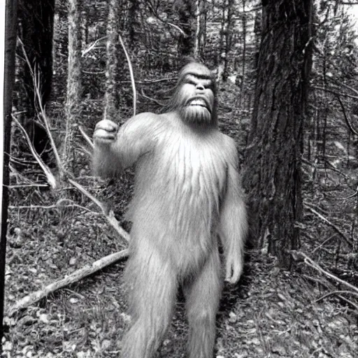 Image similar to a trailcam photo of a real life bigfoot, grainy, vintage, crt