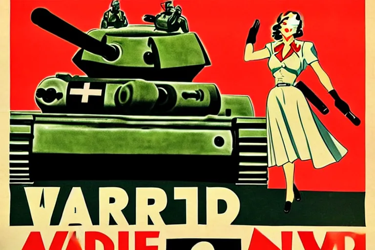 Prompt: 1940s, war, anime, poster, smiling tanks
