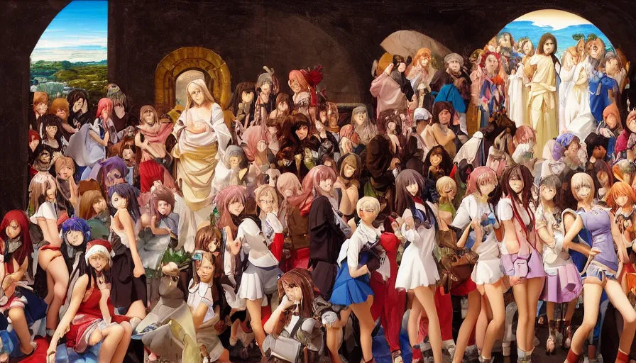 Image similar to jesus christ surrounded by cute anime girls, photorealistic, anime, mini skirt, neko, cat ears, renaissance painting, hyper real, detailed, wide angle shot, ultra detailed