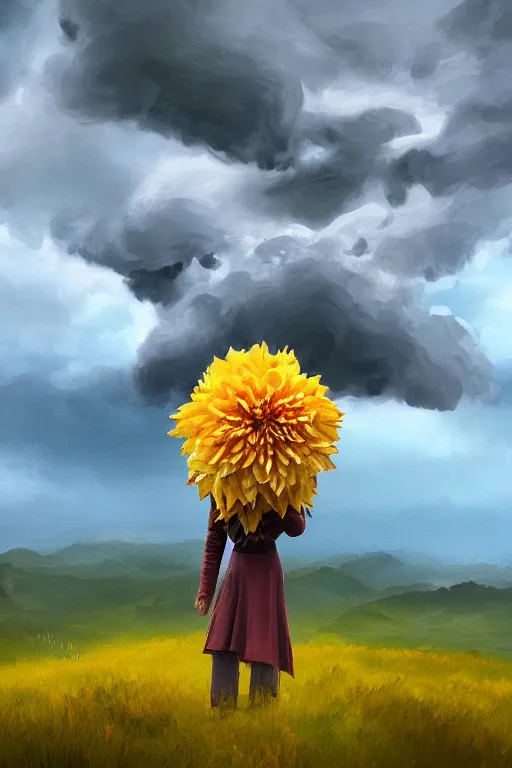 Prompt: closeup girl with giant yellow dahlia flower as a face, standing on mountain, surreal photography, blue storm clouds, dramatic light, impressionist painting, digital painting, artstation, simon stalenhag