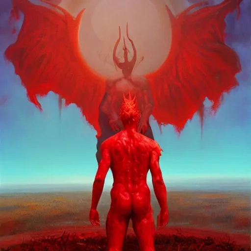 Image similar to realistic painting of a red bloody satanic figure standing in the middle of heaven by michael whelan, ultra realistic, 8 k, trending on artstation, octane renderer, mesmerizing, aesthetic, beautiful