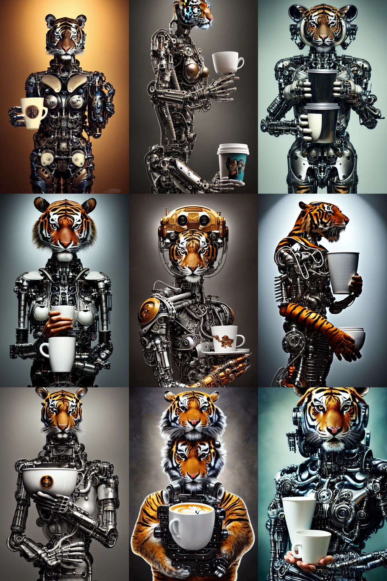 Prompt: a stunning intricate fine art portrait photo of a mechanical industrial futuristic cybernetic tiger holding a cup of coffee, by tom bagshaw and zach sutton, perfection!, milk bath photography, studio lighting, 8 5 mm lens, very detailed, bionic, cybernetic scifi, deep depth of field, artstation, 8 k, highly coherent