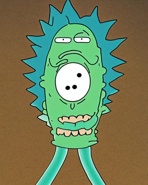 Prompt: film still close - up shot of pickle rick in the tv show rick & morty. photographic, photography