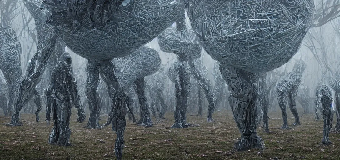 Prompt: a complex organic fractal 3 d metallic symbiotic ceramic humanoid megastructure creature in a suburban neighborhood, foggy, cinematic shot, photo still from movie by denis villeneuve, wayne barlowe