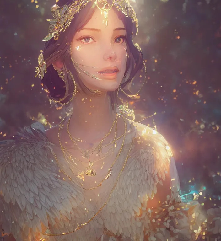 Image similar to centered waist up portrait of an angel wearing an incredible dress with jewelry, bokeh + DOF + 8k, photorealistic + rendered in octane + ultra realistic + backlit + strong rim light + HDRI, HD, by rossdraws, ghibli, breath of the wild, greg rutkowski, trending on artstation