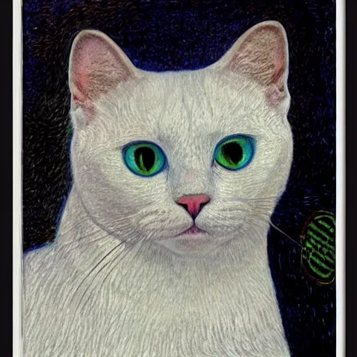 Image similar to portrait of a white cat with a black spot on head and blue eyes, intricate, elegant, highly detailed, smooth, sharp focus, illustration, art by gustav klimt