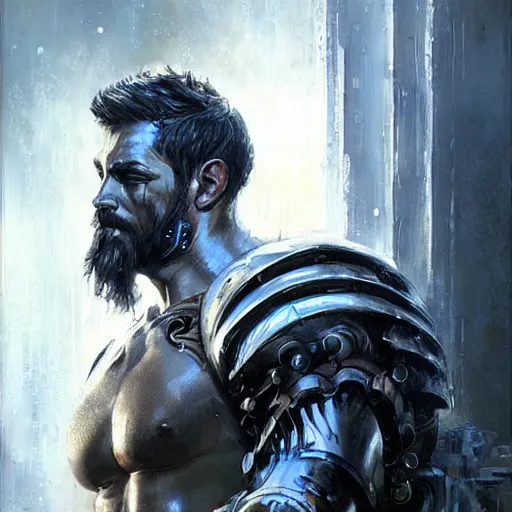 Prompt: stunning portrait of greek god poseidon wearing scale armor, painting by Raymond Swanland, cyberpunk, sci-fi cybernetic implants hq