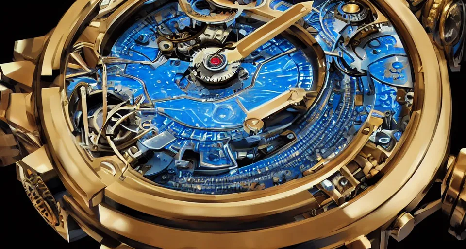 Image similar to a futuristic steampunk watch lying on a table, high detail, sharp focus, glowing blue interior components, fractal detail, depth of field, bokeh, cinematic lighting and composition, by syd mead and greg rutkowski and android jones, rolex