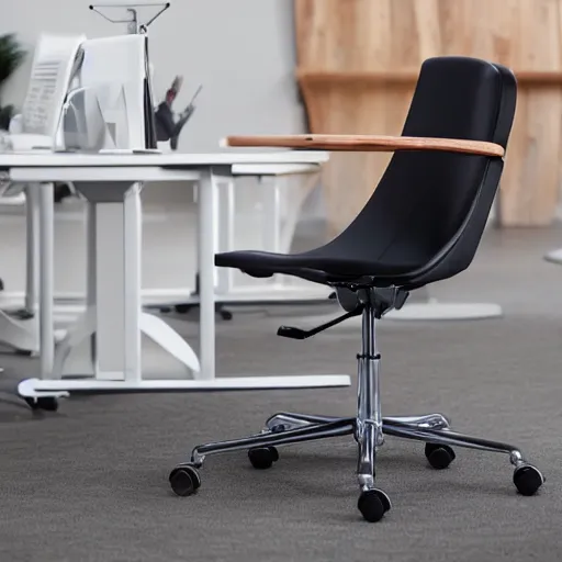 Image similar to office hair with white leather seat, circular curved wooden back, wheels, professional photography, 8k