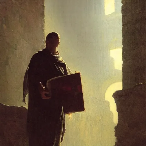 Prompt: half portait of magican wearing a closed cowl and carrying big old book! jeremy mann, jean leon gerome, tiepolo, alphonse mucha, greg rutkowski, face in the shadows, ( ( ruins of ancient rome ) ), at dusk, mysterious atmosphere, sunrays, dof, masterpiece, high detailed, 8 k