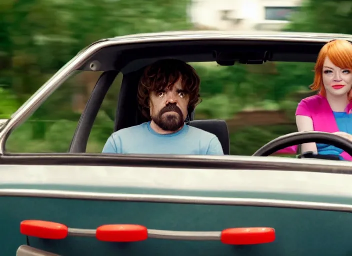 Image similar to peter dinklage and emma stone driving a little tikes cozy coupe, movie still, from the new smokey and the bandit movie, 8 k, realistic