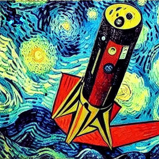 Image similar to a painting of a space ship launching by van gogh