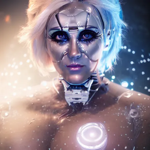 Image similar to beautiful centered Fine art photo portrait of Jessica Nigri as a solarpunk robotic humanoid treading on water, white mechanical parts with led lights, photorealistic, white background, highly detailed and intricate, cinematic lighting, HDR 8k