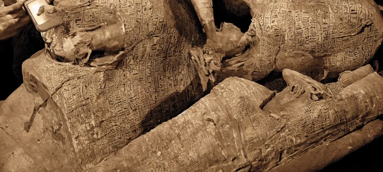 Prompt: Egyptian mummy in an open sarcophagus, the mummy is holding a pristine smartphone in their hand