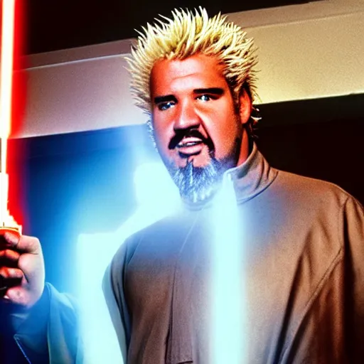 Image similar to Guy Fieri in Star Wars, Jedi Knight, blue light saber, cinestill 400t film, 35mm lens, by Stanly Kubrick, ultra high quality