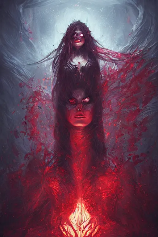 Prompt: Beautiful Sorceress of Fire, Glowing Red Eyes, professional illustration by Seb McKinnon, ArtGerm, WLOP, fantasy, magic, powerful presence, boss fight