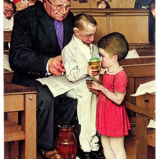 Prompt: male scientist holding a beaker next to a church altar with a child on it, painting by norman rockwell