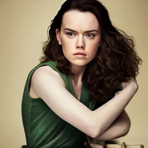 Prompt: a still of daisy ridley a beautiful model looking off into the distance, wavy medium - length brown hairs, jedi dress, beautiful green eyes, medium shot, with a soft, natural light falling on her face. the focus is on her eyes and brows, which are perfectly shaped and well - defined. by annie leibowitz