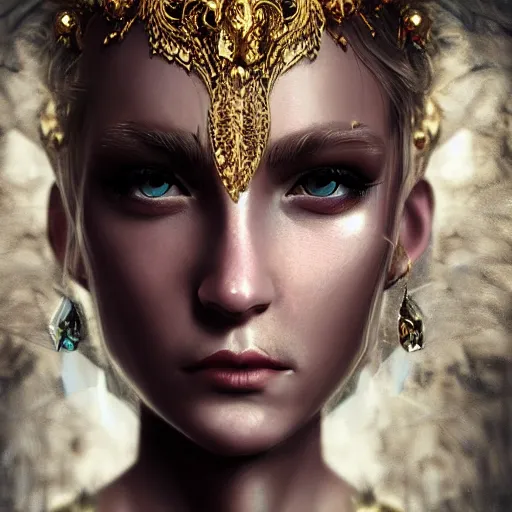 Prompt: human portrait, ethereal, face, crystal, intrincate, cgsociety, devianart, ornate, maximalist, fine art, golden details