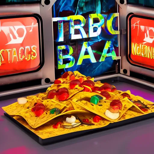 Prompt: product photo of a bag nachos, nacho bag is labeled tripmachine, realistic digital art, label is printed with a 3 d render of a huge futuristic steampunk generator, 8 k, fluorescent colors, halluzinogenic, multicolored, exaggerated detailed, unreal engine