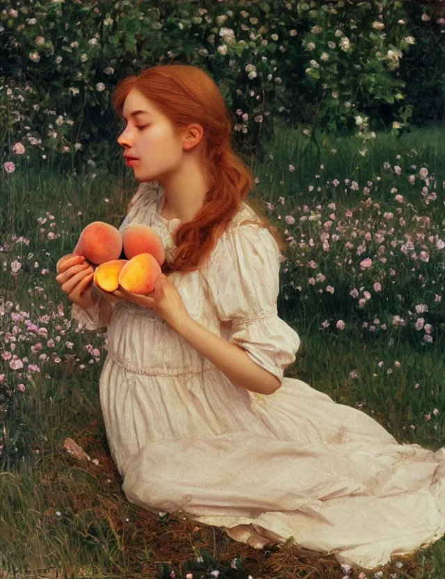 Image similar to peasant girl eating peaches, portrait, lolita style, Cottage core, Cinematic focus, Polaroid photo, vintage, neutral colors, soft lights, foggy, by Steve Hanks, by Serov Valentin, by Andrei Tarkovsky, by Terrence Malick, 8k render, detailed, oil on canvas