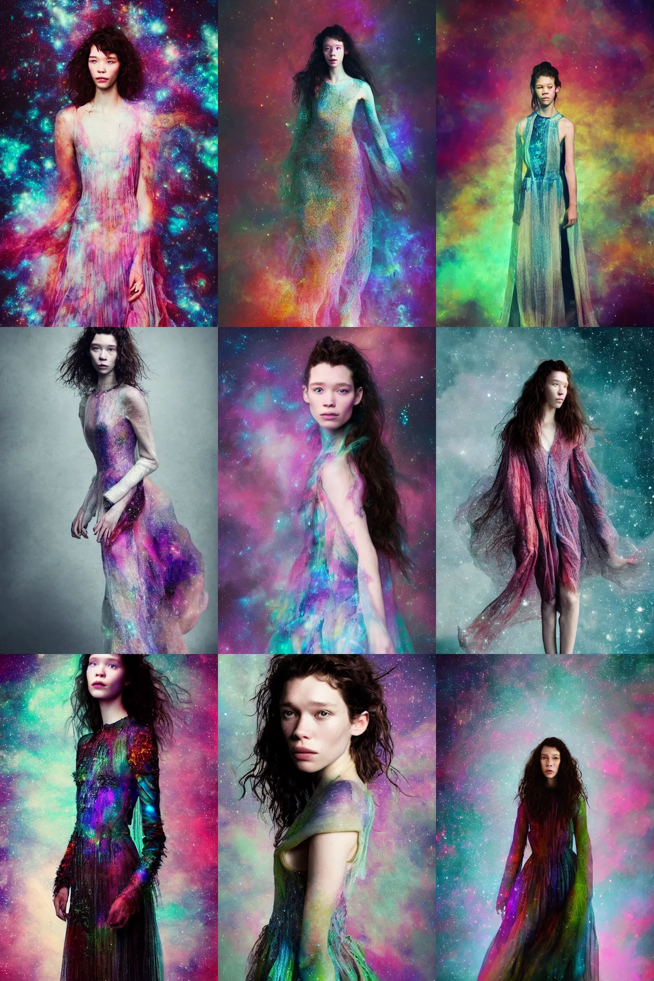 Prompt: masterwork full body portrait photography of astrid berges frisbey. wearing a dress made out of space. she is fading into the cosmos. fluid, dreamy, ethereal, vivid colours. sharp focus. highly detailed face. wow! digital photography. lightroom. cinematic lighting.