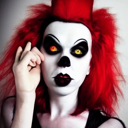 Image similar to A high quality photograph of a goth-clown hybrid with red hair looking sternly, trending on artstation, cute, playboy