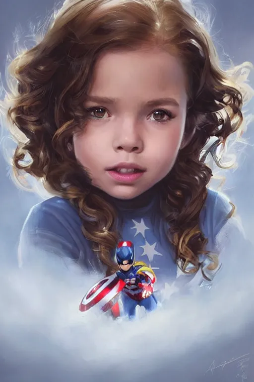 Image similar to a little girl with a michievous face and light brown curly wavy hair. she is dressed as captain america, spider - man, batman, captain marvel, a superhero. clean elegant painting, beautiful detailed face. by artgerm and greg rutkowski