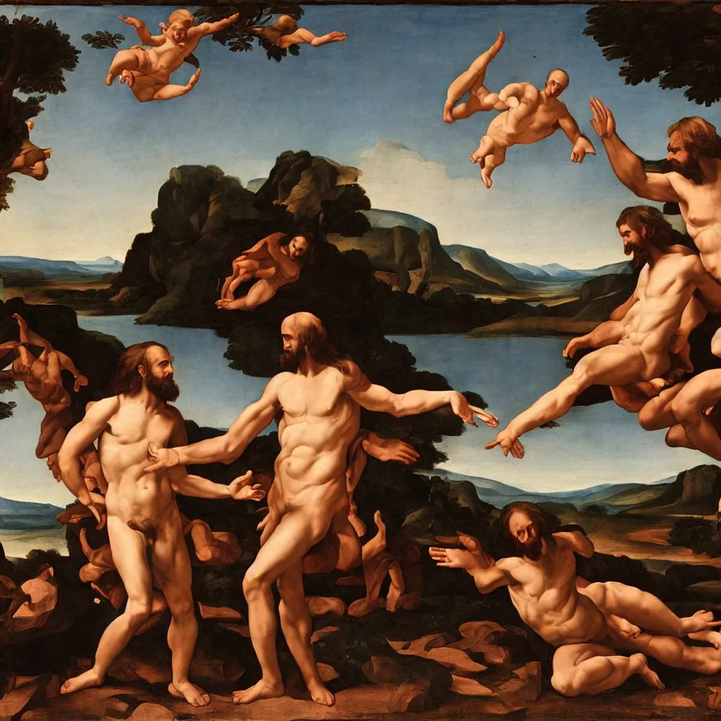 Prompt: the creation of adam with neanderthals