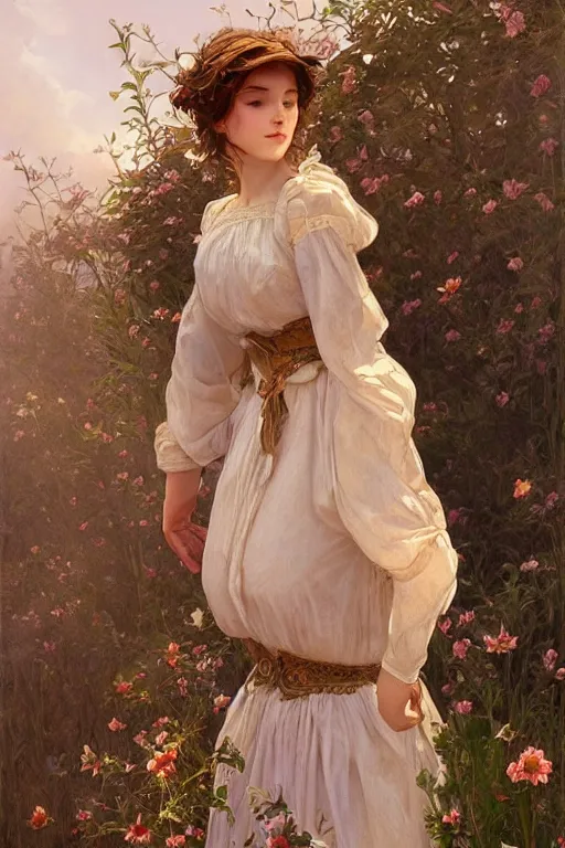 Image similar to beautiful cottagecore young peasant maiden, intricate, elegant, highly detailed, digital painting, artstation, concept art, smooth, sharp focus, illustration, art by artgerm and greg rutkowski and alphonse mucha