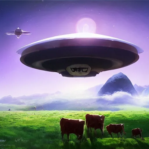 Image similar to ufo over the cow, Bright colors, fantastic landscape, hyperrealism, no blur, 4k resolution, ultra detailed, style of Anton Fadeev, Ivan Shishkin, John Berkey