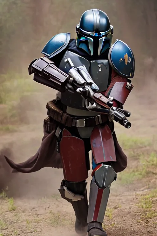 Image similar to a beautiful photo of a Mandalorian running through fire