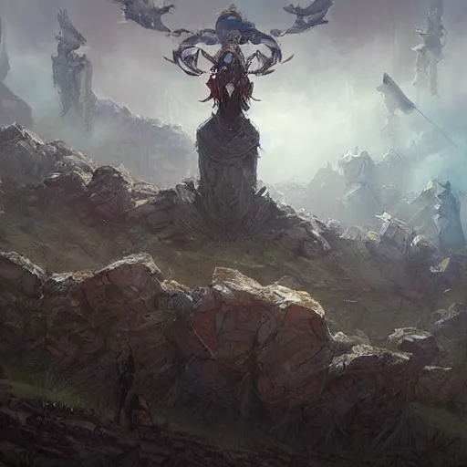 Image similar to a hill made of swords, in an arena, fantasy, digital art, by artgerm and greg rutkowski