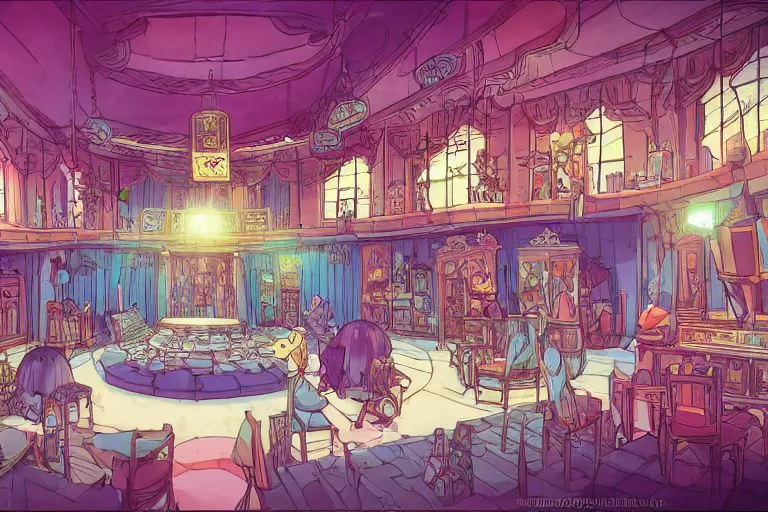 Prompt: interior wide angle shot of a fantasy cabaret in the style of studio ghibli and makoto shinkai, clean lines