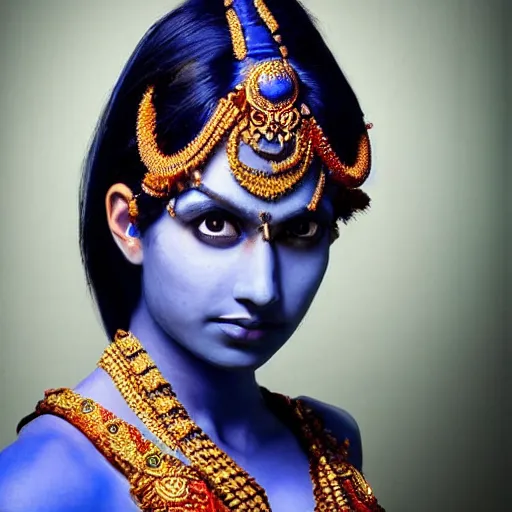 Image similar to blue - skinned indian goddess with six arms, symmetric, aesthetic!!!, cosplay, studio lighting, beautiful symmetric face, clean composition, highly symmetric body parts, gazing eyes